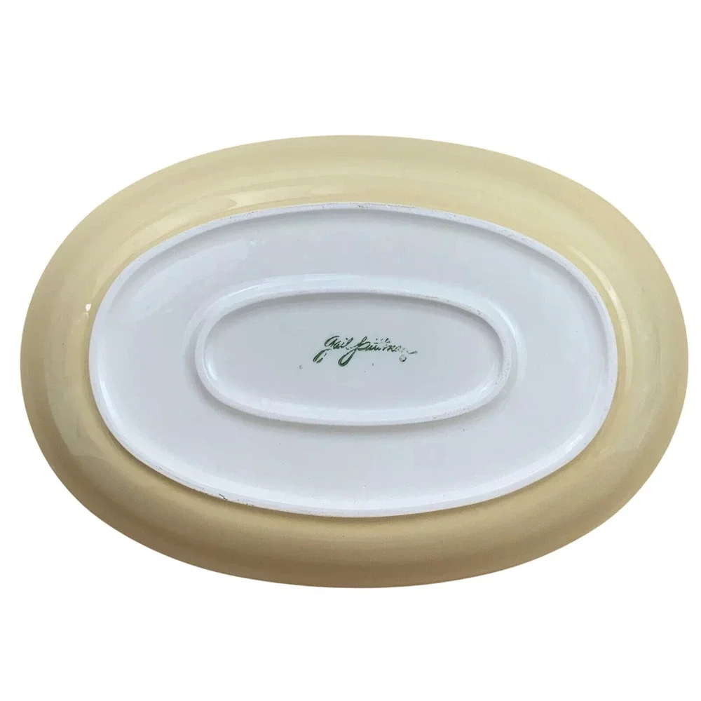 Gail Pittman Hand Painted Ceramic Oval Serving Platter Floral Striped Burgundy